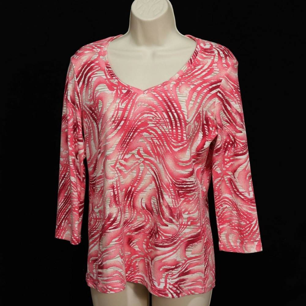 Karen Scott Womens Abstract Animal Print Shirt S Small Pink Dark Red White Vneck